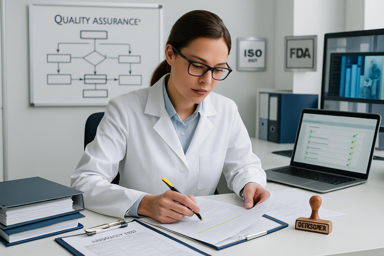 A young woman in a white lab coat filling out paperwork with several factors in the background.