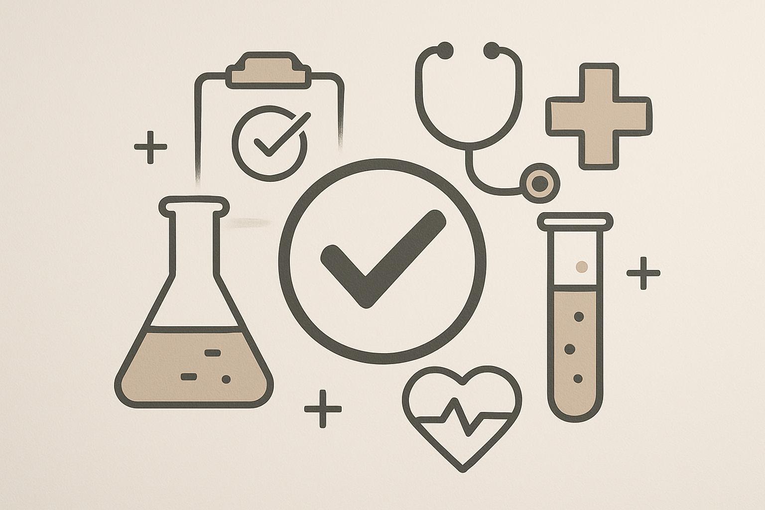 This image is a graphic illustration depicting various medical-related symbols, similar to a clock face, Erlenmeyer flask,...