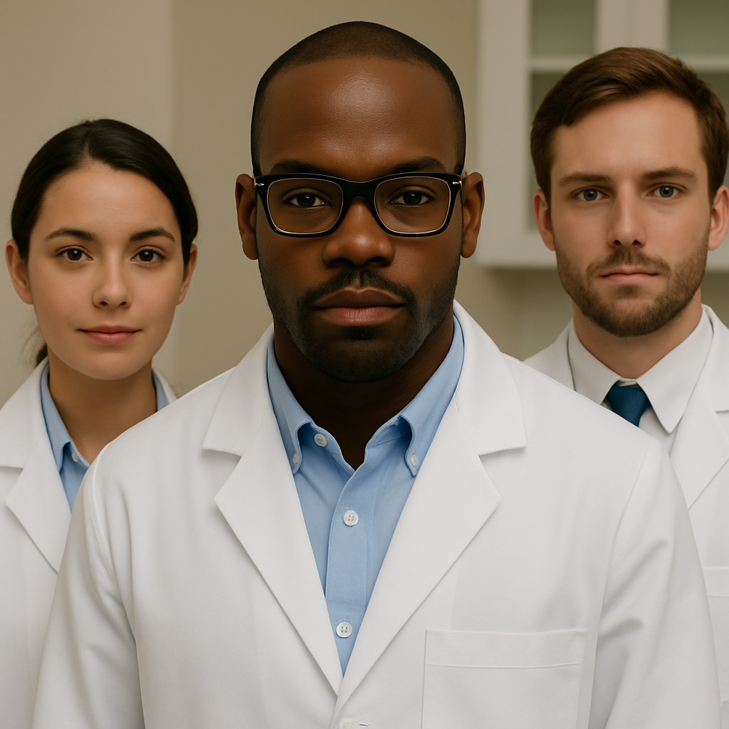 Three doctors wearing white coats stand together with blurred background.
