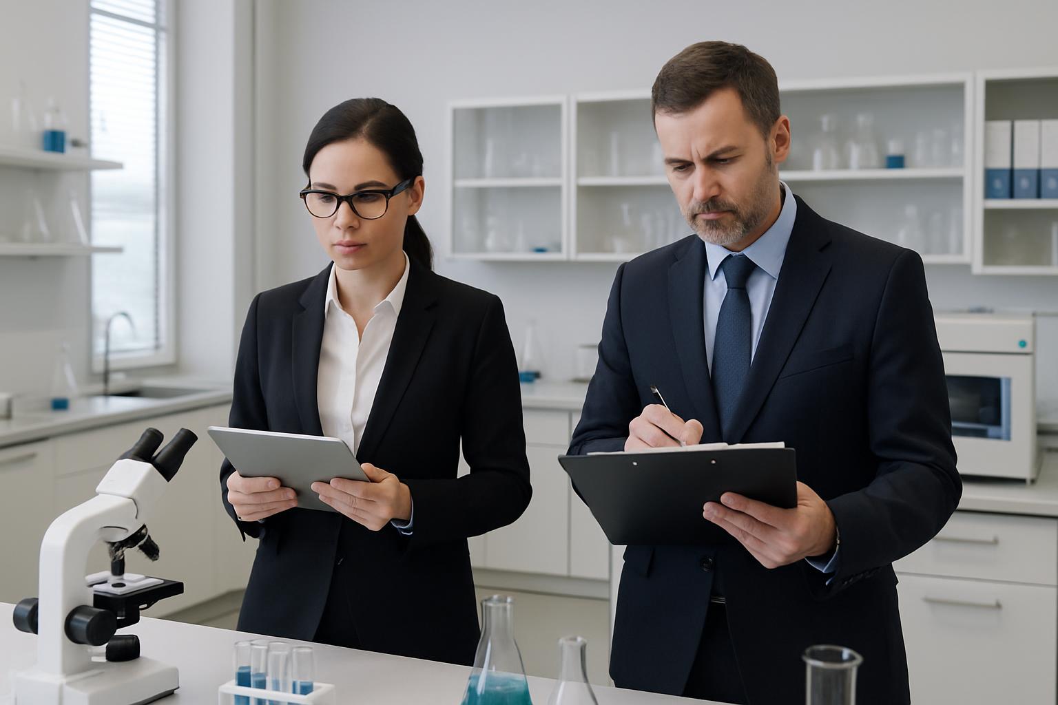 Man and woman working on a clipboard and holding a tablet.