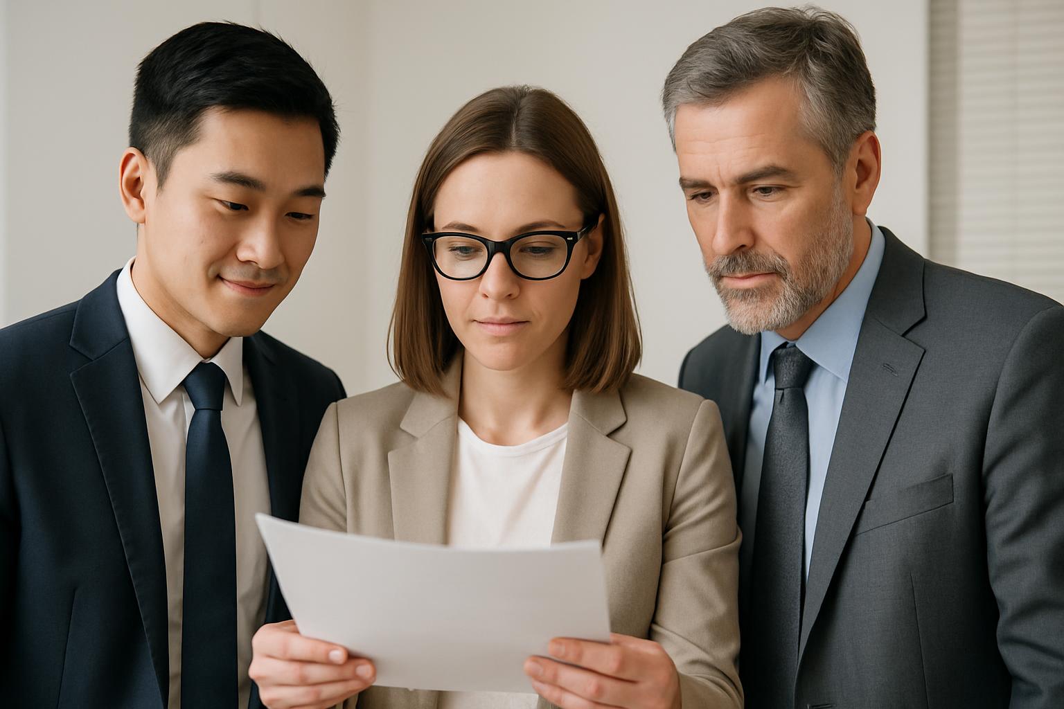 A group of three business professionals, two men and one woman, gathered together to view a document located in the center...